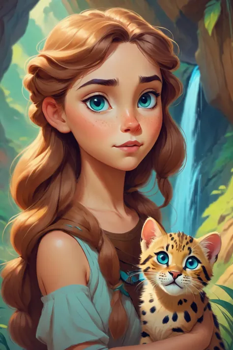 closeup portrait of  adventures brave maiden explorer mystical princess with long sweeping hair with [light: 10]blue eyes and lush green background  on a cliff with a waterfall, and with a friendly spotted leopard kitten cat
 [hugging kitten:8]