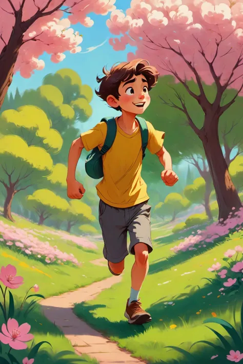 a  happy young boy with  running  in a in a vibrant and picturesque outdoor setting. The boy appears to be in a state of curiosi...