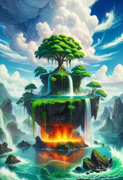 Air: The sky is filled with dramatic, swirling clouds, highlighting the element of air and creating a dynamic, ethereal atmosphere around the island.
Earth: The island is lush with vibrant greenery, featuring a massive central tree and other smaller trees, symbolizing the earth element. The rocky terrain and cascading waterfalls further emphasize the stability and fertility associated with earth.
Fire: Beneath the island, a fiery inferno glows intensely, representing the element of fire. The flames and molten lava create a stark contrast with the greenery above, showcasing the powerful and dynamic energy of fire.
Water: Waterfalls cascade from the island into a serene body of water directly below, symbolizing the element of water. This calm water contrasts with the large, turbulent waves that surround the island, adding a dramatic and dynamic aspect to the water element.
The overall composition beautifully integrates these four elements, creating a balanced and harmonious depiction of nature's fundamental forces in a magical, floating island setting.
Anime, concept art vibrant world, a of fantastical floating island, cloudscape A floating island in the sky representing the four classical elements: air, earth, fire, and water. The island is lush with greenery, featuring various trees . Beneath the island, a column of rocks and earth descends into a pool of molten lava and fire, symbolizing fire. The sky is filled with dramatic, billowing clouds, representing air. Surrounding the island is a serene body of water, reflecting the sky and clouds, symbolizing water. Small floating rocks and debris are seen in the air, enhancing the mystical and magical atmosphere.
Clouds , Ashes , Floating island , Art , Action-packed , Luminous, Overgrown, lush, cascading waterfalls, waves
