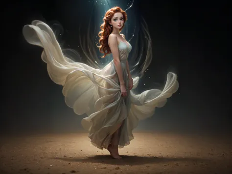 award-winning photo of a beautiful stshpo woman, redhead, stunningly beautiful, masterpiece, ultra high quality, ethereal, captivating, awe beauty, floating dust, contrapposto, dynamic floating pose, volumetric Romantic lighting, 105mm Petzval lens, sharp focus, F0.8 Aspherical, 8k, tonemapped, 