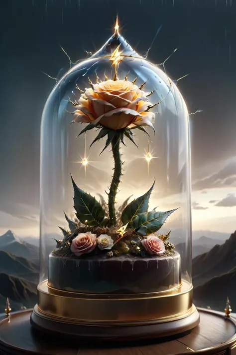 award winning transparent glass gold dvr-bzz rose,glass dome,ectoplasmic atmosphere enclosure,ethereal,volumetric lighting,cosmic horror,thorny ensemble,gloomy sunset with delicate rays over the hills,<lora:dvr-bzz:1.5>