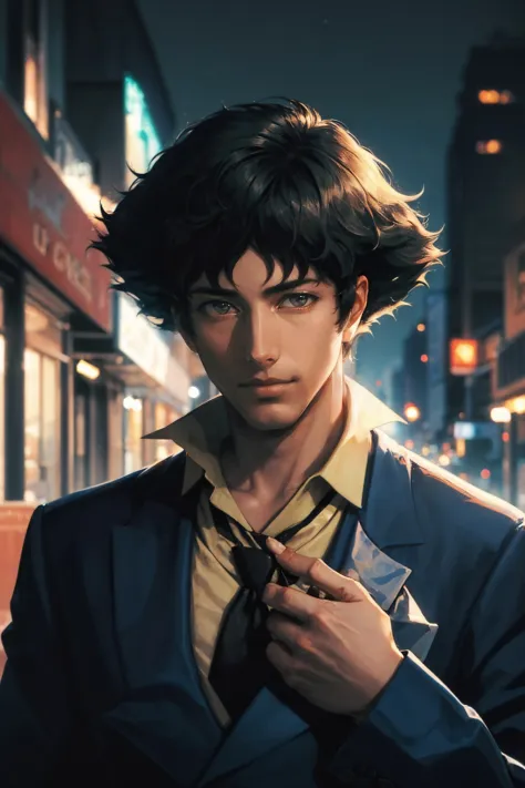 (masterpiece, best quality:1.2), upper body, solo, male focus, 1boy, spikespiegel, cigarette, looking at viewer, formal, suit, jacket, necktie, night, caustics, dramatic lighting 