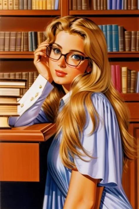 <lora:envybetterhandsLocon_alpha3:1>, <lora:EmanueleTaglietti:0.9> emanueletaglietti, a woman with glasses in a library