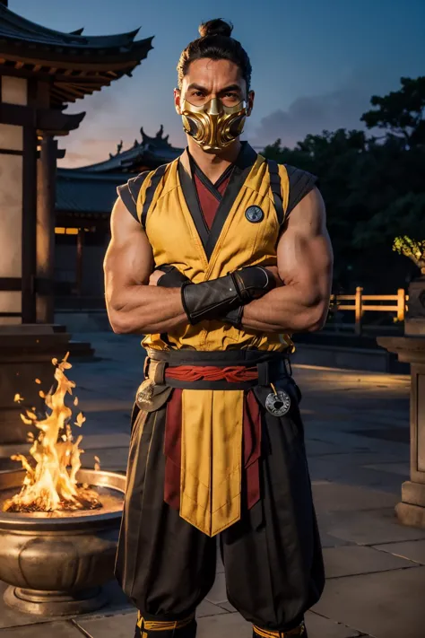mkscorpion,man,black hair, single hair bun, mask, sleeveless, yellow japanese clothes, fingerless gloves, looking at viewer, serious, standing, upper body shot, arms crossed, outside, temple, fire pit, warm ambiance, dusk, high quality, masterpiece, <lora:...