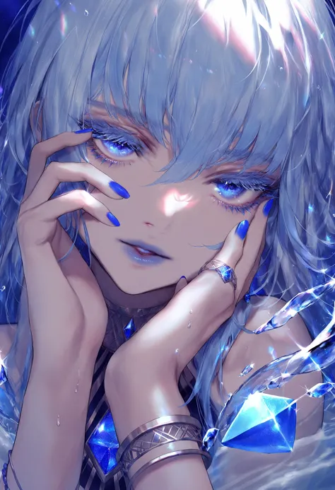 best quality, masterpiece, 1girl, solo, blue eyes, blue nails, jewelry, blue hair, gem, looking at viewer, nail polish, bangs, blue theme, hand on own face, bracelet, parted lips, blue gemstone, hair between eyes, portrait, white hair, water, lips, long hair, eyelashes 
 