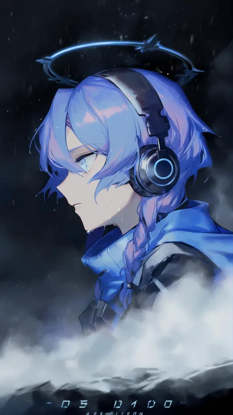 [(black background:1.4)::5], blue poison \(arknights\), movie poster, dark halo, from side, blizzard, blue hood, headphones around neck, head lift, castform \(rainy\), wet, night, hime cut, bust chart, undercut, upper body, dim lighting, 
<lora:ç»é£XL Rsef:0.9>