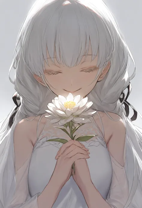 Meilleure qualité, chef-d&#39;œuvre, seulement, holding fleur, 1fille, fleur, fond blanc, holding, sourire, yeux fermés, Haut du corps, ruban, fond simple, thème blanc, white fleur, hair ruban, cheveux blancs, white robe, bouche fermée, face au spectateur, frange, black ruban, robe, cheveux longs 
 