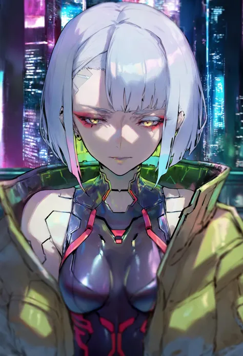 best quality, masterpiece, lucy \(cyberpunk\), 1girl, solo, bangs, jacket, upper body, short hair, red eyeliner, open clothes, white hair, bodysuit, multicolored hair, parted lips, cyberpunk, yellow jacket, parted bangs, open jacket, city, breasts, makeup 
 <lora:rsefXLlokr4f-000143:0.95>