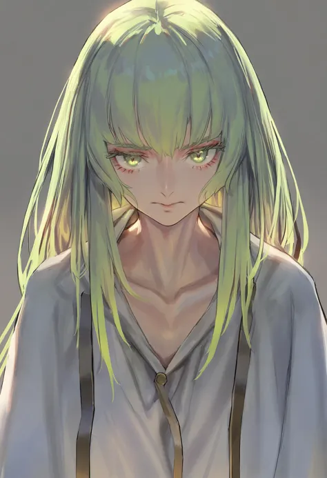 best quality, masterpiece, enkidu \(fate\), solo, green hair, long hair, looking at viewer, robe, green eyes, androgynous, upper...