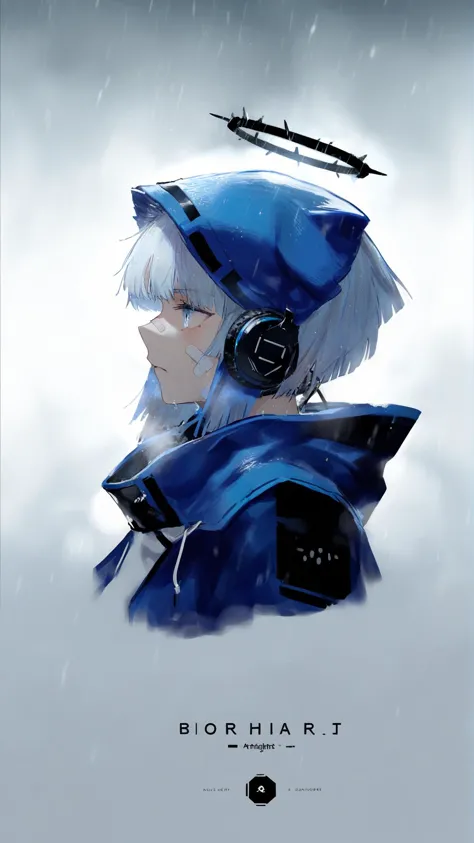 [(white background:1.6)::10], doctor \(arknights\), movie poster, dark halo, from side, blizzard, blue hood, headphones around n...