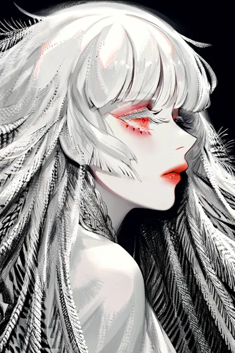 1lady,white hair, very long hair,red eyes, detailed eyes,monochrome,long eyelashes, thin face,red lips, eye shadow, profile, <lo...