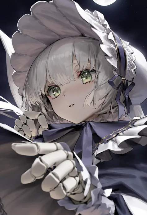 best quality, masterpiece, 1girl, solo, doll joints, bonnet, white hair, joints, cloak, jewelry, bangs, green eyes, short hair, ...