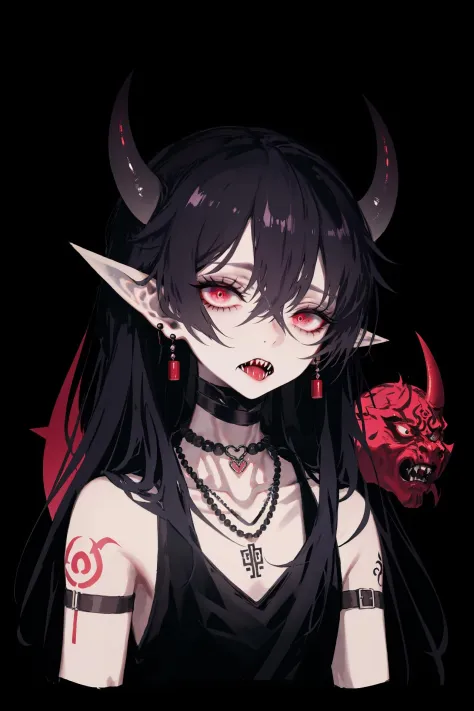 solo, pointy ears  , black nails, long hair , necklace, male focus, mask, horns, jewelry, fangs, 1boy, tattoo, upper body, beads...