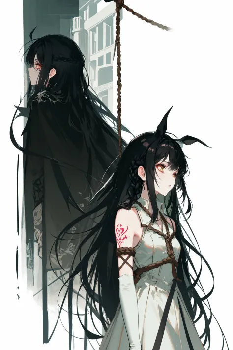 long hair , polearm, very long hair, braid, rope, gloves, 1girl, multiple girls, tattoo, black hair, 2girls 
/////////// <lora:r...