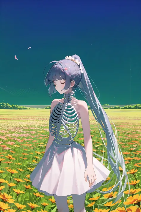 1girl, solo, closed eyes, flower, dress, sleeveless, long hair, white dress, skeleton, field, flower field, outdoors, ponytail, ...