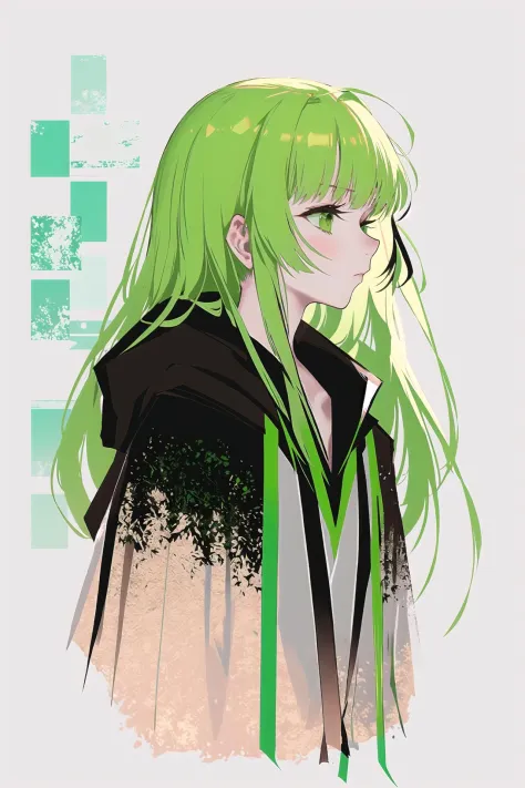 enkidu \(fate\), long hair, green hair, green eyes, solo focus, robe, 1other, upper body, androgynous, from side, bangs, closed ...