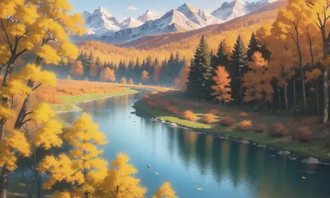 masterpiece, best quality, forest, mountainous horizon, mountain, flowers, river, autumn, architecture,