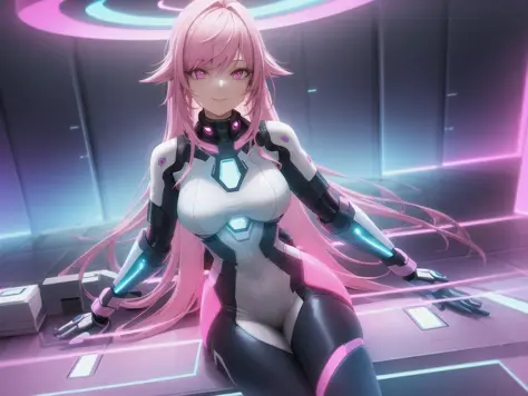 best quality, masterpiece, female in a futuristic setting, in a room, featuring pink, light blue and neon lights, wearing a futu...