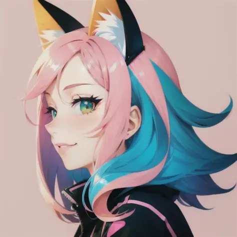 cat ears, pink hair, profile, deformed background, (flat color), solo, close-up face, (illustration), many layers, limited tone, isometric, dribbble style illustration, vivid pink hair, clear eyes, colored_skin, green_hair, jacket, long_hair, looking_at_viewer, parted_lips, smile, solo