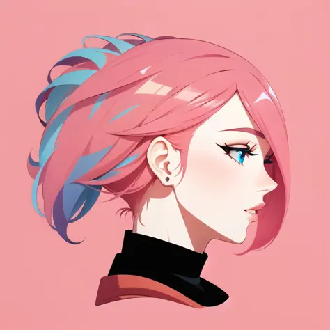 profile, deformed background, (flat color), solo, close-up face, (illustration), many layers, limited tone, isometric, dribbble style illustration, vivid pink hair, clear eyes,