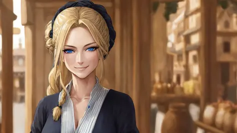 masterpiece, best quality, highly detailed, woman, mature face, blonde, braided bun, blue eyes, black hairband, long hair, hair between eyes, looking at viewer, walking, fantasy village, well, market, stall,inticate,squint, smirk