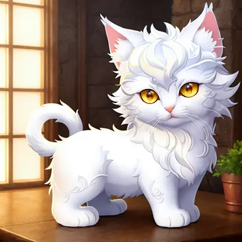 masterpiece,  best quality, highly detailed, 1 mythical kitten , white , yellow eyes, fantasy style