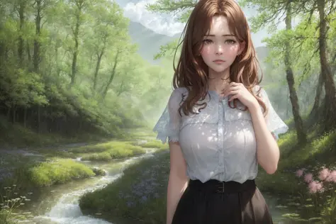 1girl, elegant clothes, 18yo, nsfw, (beautiful) female in an (alpine meadow), (lips, nose:1.15), (detailed eyes, detailed face:1.17), beautiful face, covered breast, breasts emphasized, high detail, realistic, (natural small breast:1.21), (sharp focus), (detailed background), thigh gap, wide hip, (playful sexy pose:1.3), loose long (brown hairs), (pubic brown hair:1.23), light particles, a creek with overgrown banks in the middle of the forest, grass and [flowers], (dense young pine forest, not tall trees), natural soft daylight, unusual cumulus clouds, (insanely detailed:1.37), (masterpiece:1.21), (dreamlike art), intricate details, mystic, (style (by David Mack:1.3)),