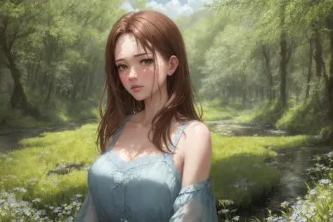 1girl, elegant clothes, 18yo, nsfw, (beautiful) female in an (alpine meadow), (lips, nose:1.15), (detailed eyes, detailed face:1.17), beautiful face, covered breast, breasts emphasized, high detail, realistic, (natural small breast:1.21), (sharp focus), (detailed background), thigh gap, wide hip, (playful sexy pose:1.3), loose long (brown hairs), (pubic brown hair:1.23), light particles, a creek with overgrown banks in the middle of the forest, grass and [flowers], (dense young pine forest, not tall trees), natural soft daylight, unusual cumulus clouds, (insanely detailed:1.37), (masterpiece:1.21), (dreamlike art), intricate details, mystic, (style (by David Mack:1.3)),