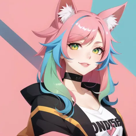 cat  ears, profile, deformed background, flat color, solo, close-up (mature) face, illustration, many layers, limited tone, isometric, dribbble style illustration, vivid pink hair, clear eyes, colored_skin, green_hair, jacket, long_hair, looking_at_viewer, parted_lips, smile, solo