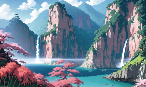 no humans, high quality, (red green pink blue colors), contrast, sharp focus, masterpiece, best quality, (waterfall, (water)), rocks, jungle, bamboo forest, mountain, (flowers), ocean side, cliff, painted by greg rutkowski makoto shinkai takashi takeuchi studio ghibli