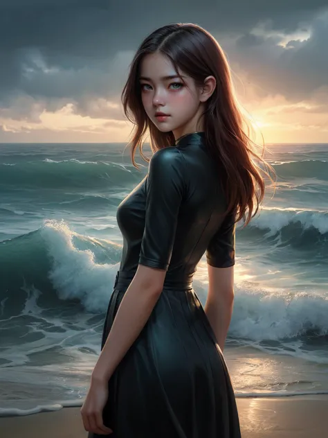 a woman in a black dress standing on a beach next to the ocean