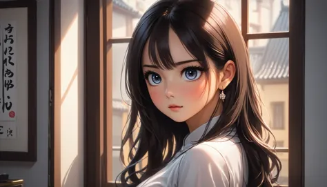 1人の女の子,  ポーチェラーナスタイル, 絵画の, 窓のそば, (\ダ・ゴン・レン\),, 立っている[::6], (8K, 傑作, 最高品質, 非常に詳細な),  (非常に繊細で美しい)かわいい, かわいい, とても大きな目, 美的アニメの目, 顔が小さい,  large 胸, 映画照明, , 複雑な, 細部までこだわった, シャープなフォーカス, 劇的,   傑作, 最高品質, 非常に詳細な,, 非常に細いウエスト,  胸, 胸の谷間, ほっそりしたからだ,