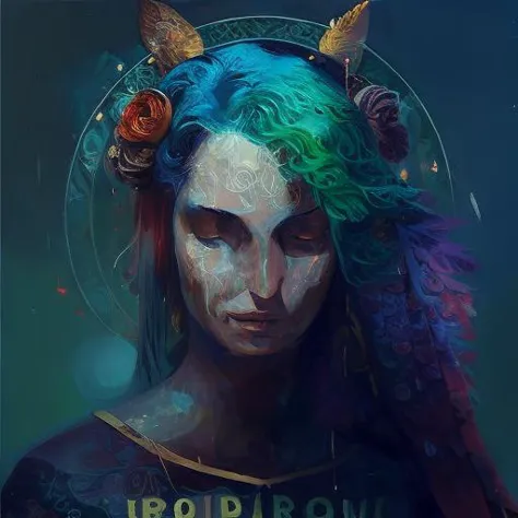 a painting of a woman with blue hair and horns on her head