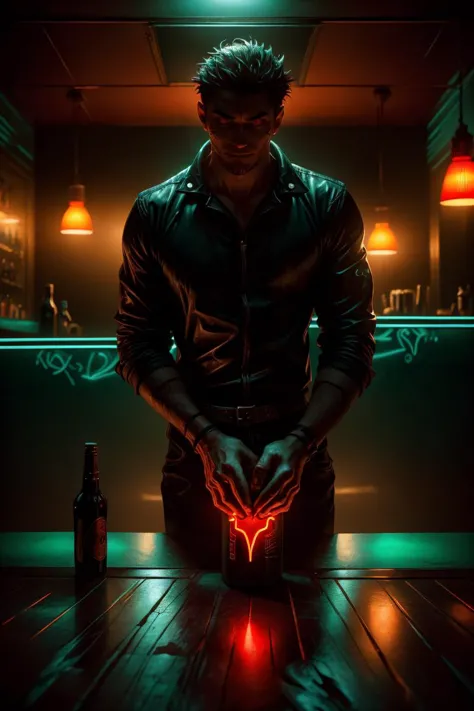 1 man,(neon red lamps, sexy passionate atmosphere, bar counter in the background:1.4),
tall strong man, smirk, bartender, bottle...