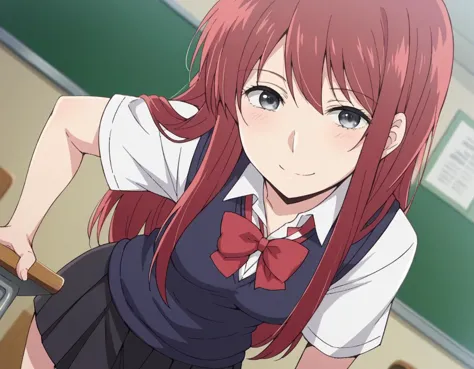 anime girl with red hair and a school uniform holding a knife