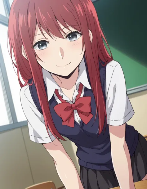 anime girl with red hair and a bow tie standing in front of a desk