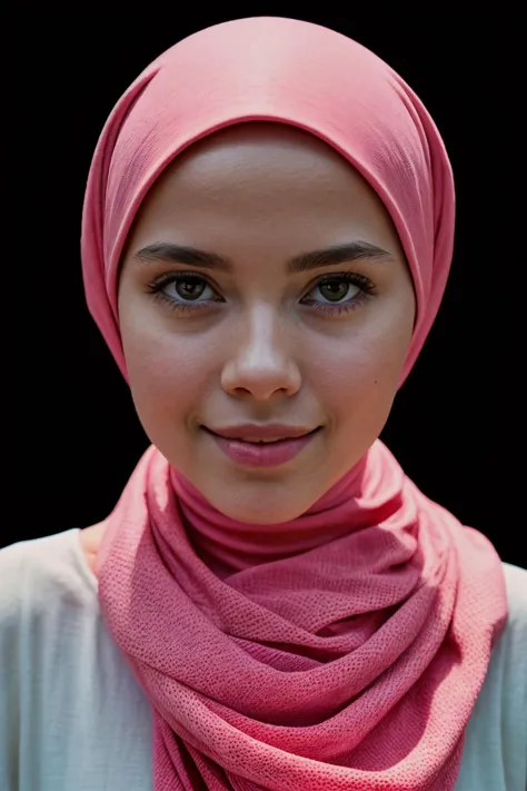 a close up of a woman wearing a pink scarf and a white shirt