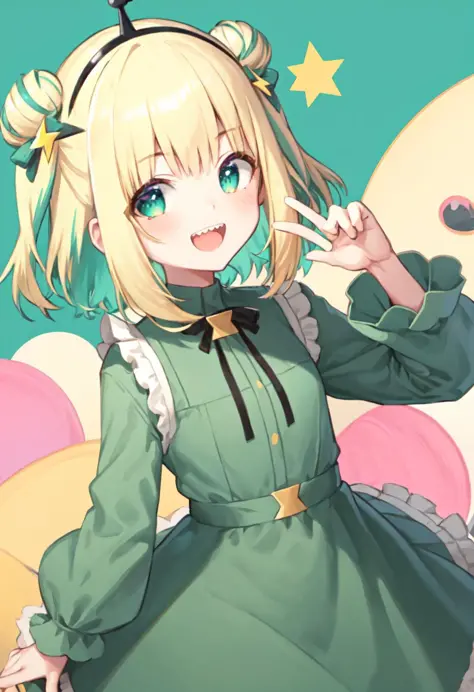 <lora:pika-v6:1>isekaipika, 1girl, solo, virtual youtuber, blonde hair, green eyes, multicolored hair, white background, simple ...