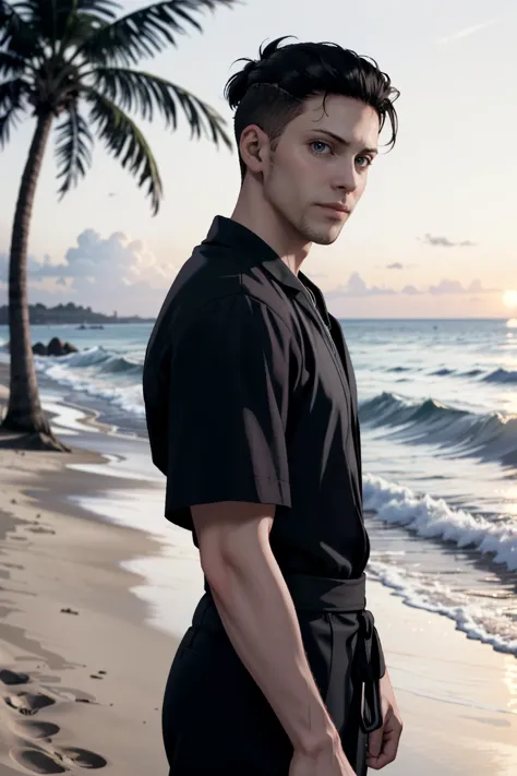 arafed man standing on a beach with a palm tree in the background