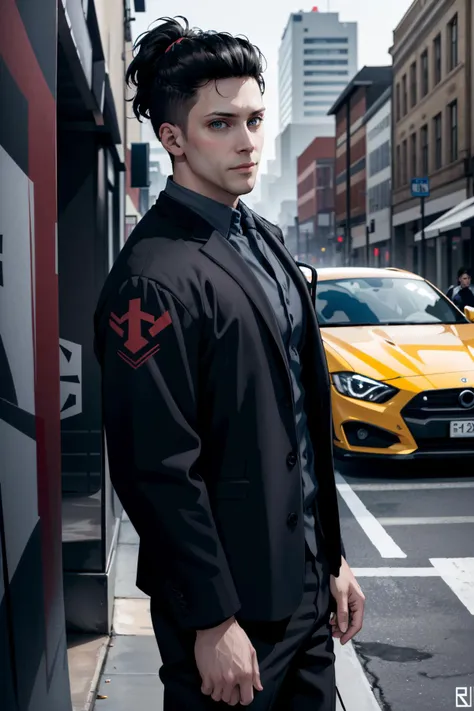 arafed man in a black suit and tie standing on a city street