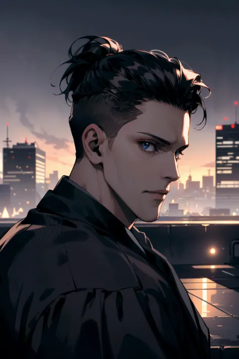 a man with a mohawk and a black jacket standing in front of a city