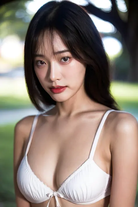 21 years old girl, (((at park))), (white bra), white underwear, RAW photo, (photorealistic:1.37, realistic), highly detailed CG unified 8K wallpapers, 1girl, ((thick body:0.8)), (clevage, huge breasts:0.8), looking at viewer, (((straight from front))), (HQ...