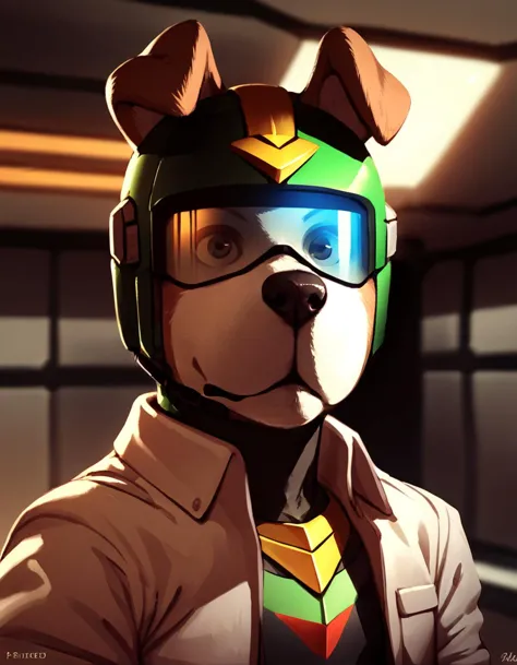 there is a cartoon dog wearing a helmet and tie