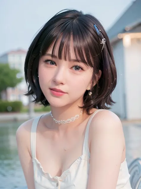 a close up of a woman sitting on a bench near a body of water