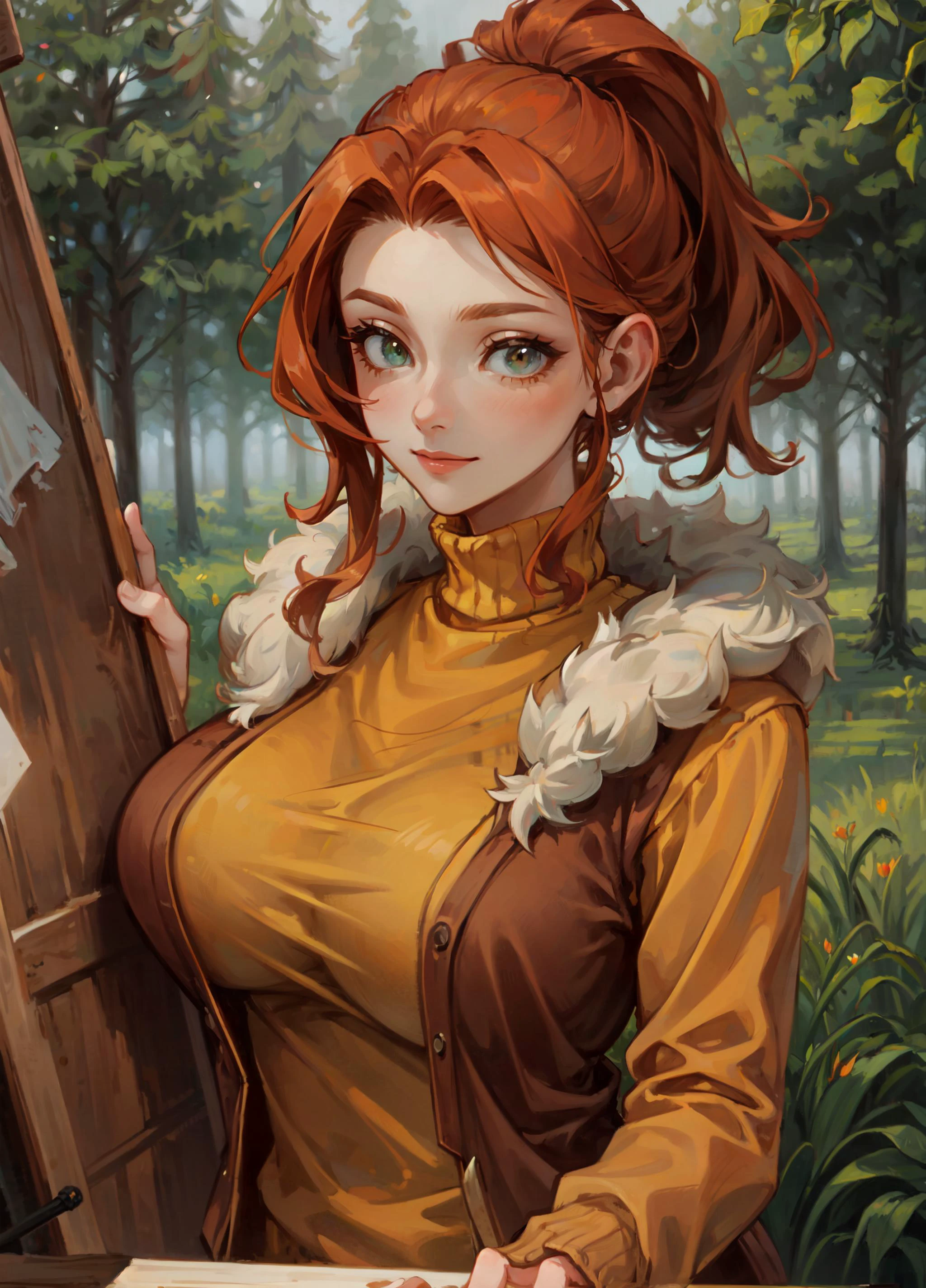 (masterpiece, best quality, ultra detailed, beautiful illustration), (oil painting:1.4), atmospheric perspective, (forest atmosphere, elaborate atmosphere:1.4), depth of field, looking at viewer, beautiful detailed eyes, 1girl, (portrait, close-up:1.2), mature woman, (huge breasts:1.2), warm smile, robin, ponytail, orange hair, green eyes, yellow sweater, vest, fur trim, green pants, outdoors, woods,