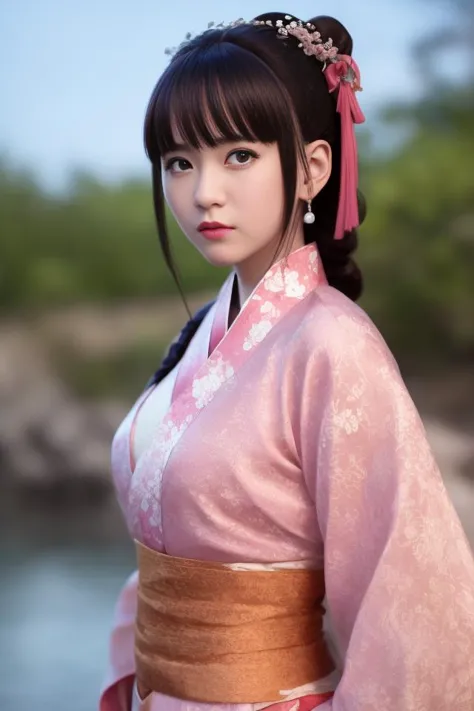 a close up of a woman in a pink kimono