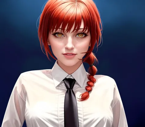 anime girl with red hair and a tie posing for a picture