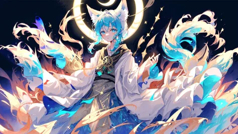 ((onee-shota)),((((only two hands:1.3,Detailed and beautiful good hands:1.3,Only five fingers in hand:1.5)))),((((Good body structure)))),masterpiece, best quality, (isometric figure:1.05),SSR game art of a shota wearing magic robe and standing on (minimum Base:1.1576),Loose shorts, (surronded lot of magic effects:1.1576), vignette theme,((detailed multicolored sun and moon Surrounded background)),(1 little shota Gradient blue short hair and Blue eyes and Little Crown:1.05),((only two fox ears)),(((nine fox tails:1.3))),((solo:1.4)),(neon palette),(striped_Surrounded)(((striped fill the screen))),((Fill the screen))(Many magic formations:1.3)),full body,((young boy)),(halo),(magic_circle:1.3),((beside a clear ball of stars:1.3)),(((star fill the screen))),(striped_Surrounded),(onee-shota:1.7),(floating magic book),