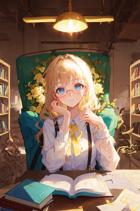 Solo, 1girl, masterpiece, best quality, extremly detailed, Cinematic lighting, intricate detail, highres, official art, finely detailed beautiful face and eyes, high resolution illustration, 8k, dark intense shadows, overexposure, [blonde hair/brown hair], single braid, blue eyes, glasses, smug, sitting on chair, upper body, large breasts, white shirts, yellow suspenders, book_stack, library, ((vine)), rose, looking at the viewer