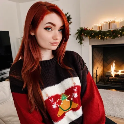 <lora:proxyfoxlol_sd15_512_128_64_v1:1>proxyfoxlol, 1girl red hair, wearing christmas sweater, christmas decoration in background, lit fireplace in background